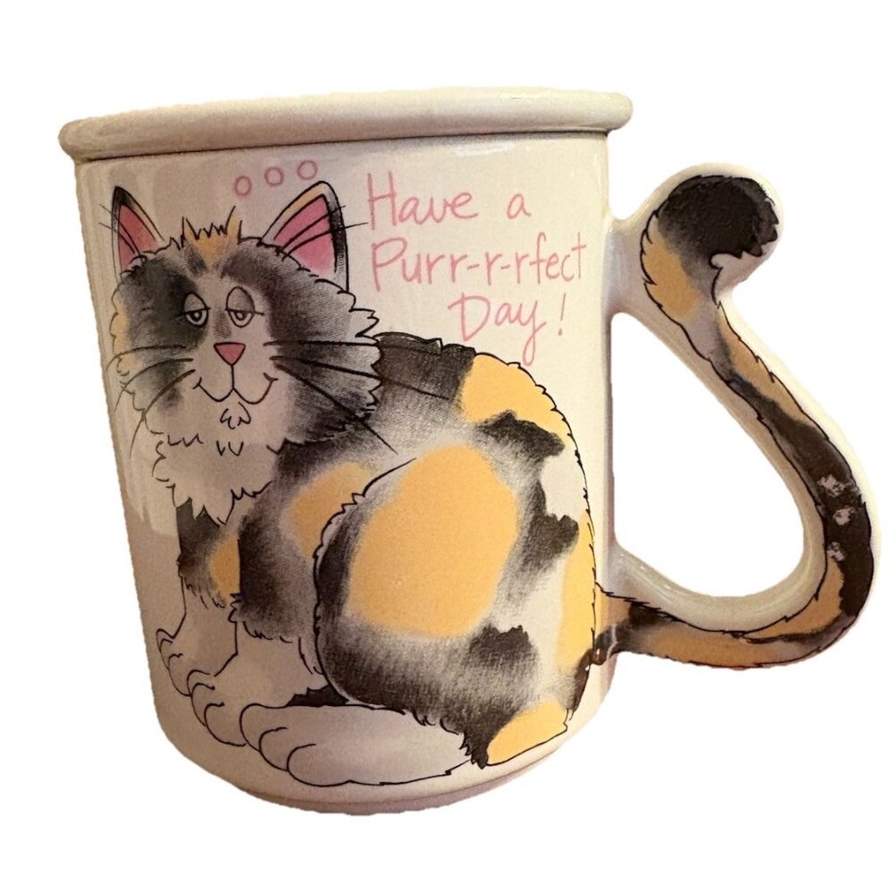 Vintage Stoneware Cat Mug w/Lid "Have a Purr-r-rfect Day! 10 Oz